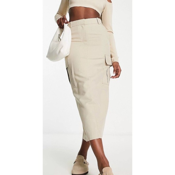 NWT & Other Stories Cargo Midi Skirt Size US 10‎ Beige Khaki Straight Utility - Picture 2 of 11